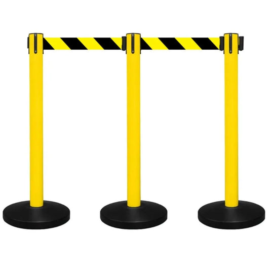 Three yellow safety stanchions with black and yellow striped belts