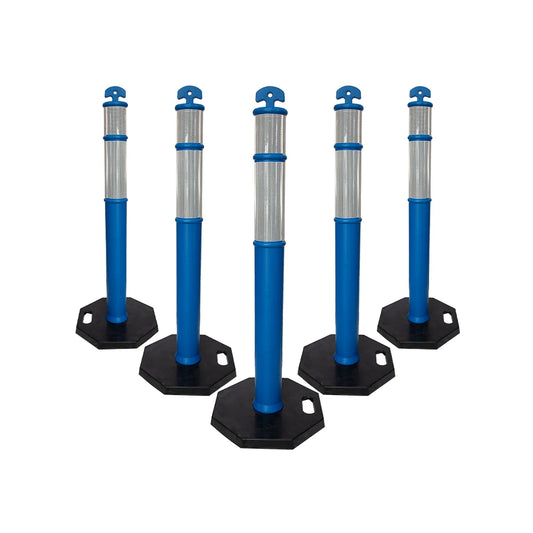 A set of five blue reflective road delineators with white reflective stripes and a black base.