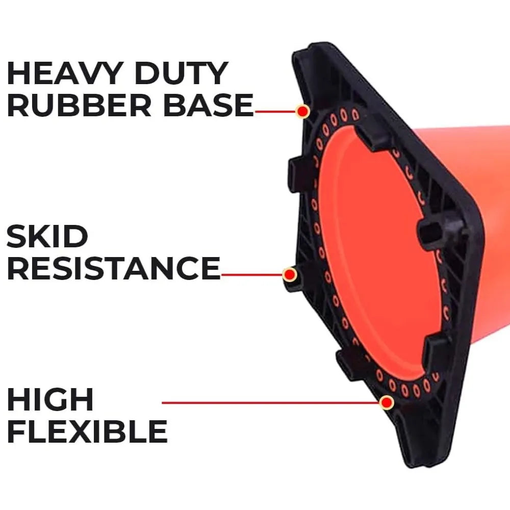 Orange safety cone with labeled features