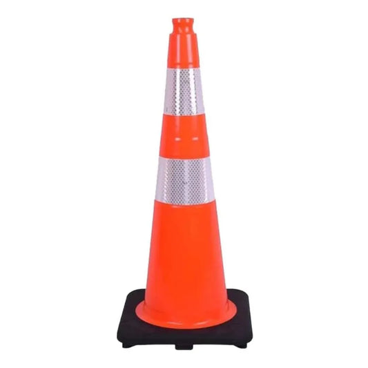 Orange traffic cone with reflective stripes