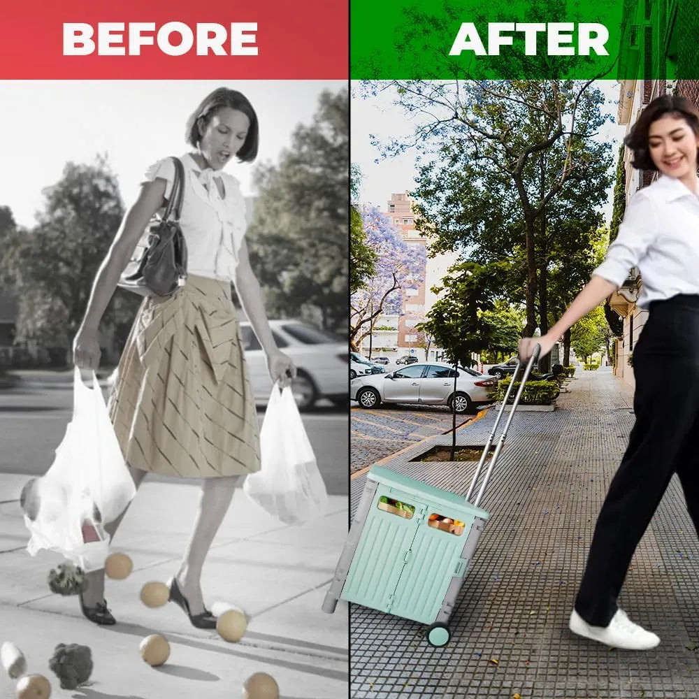 50L Foldable Utility Cart - Mint Green and Grey│40KG Large Capacity and Easy Maneuvering