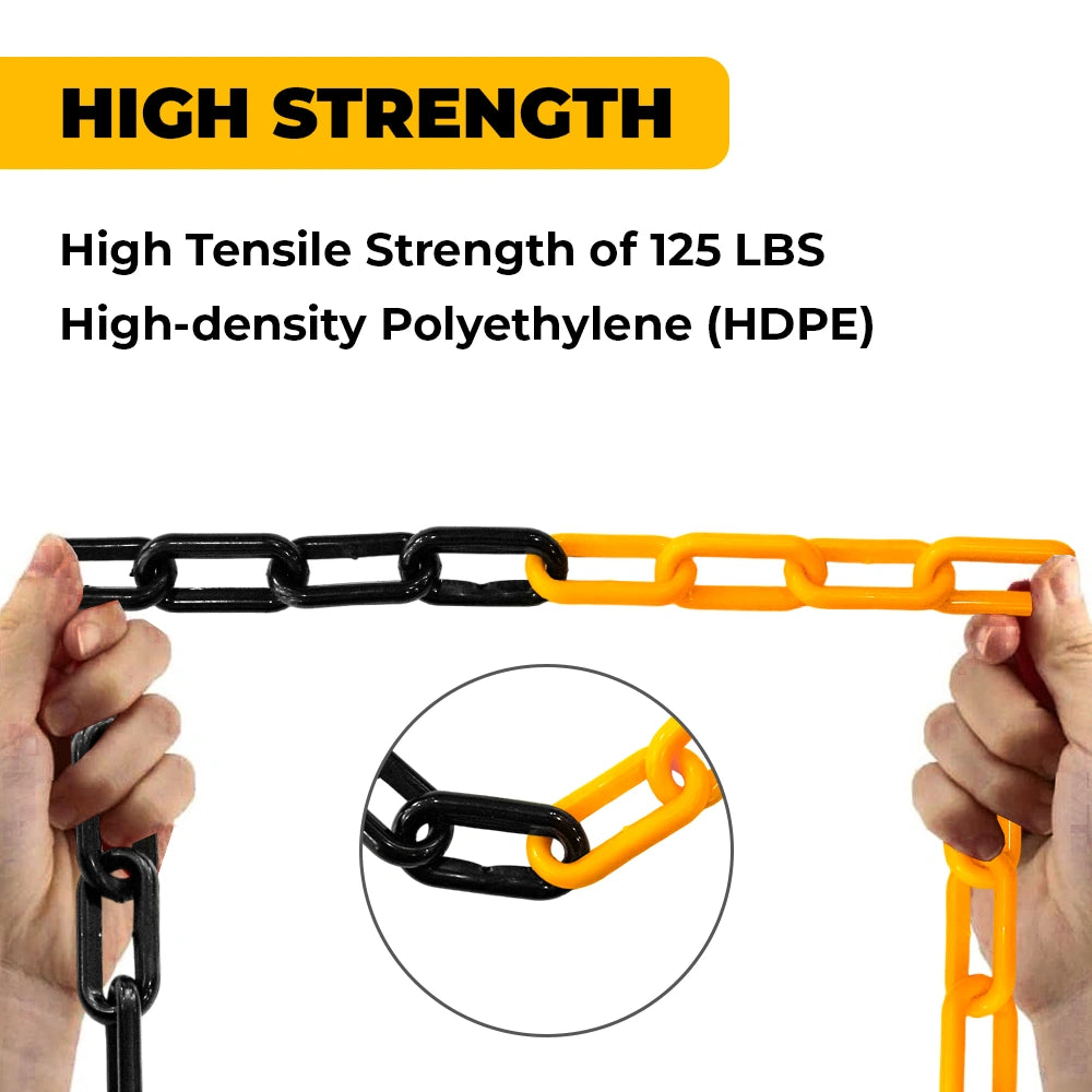 Two hands holding a black and orange chain with text about high tensile strength and HDPE material.