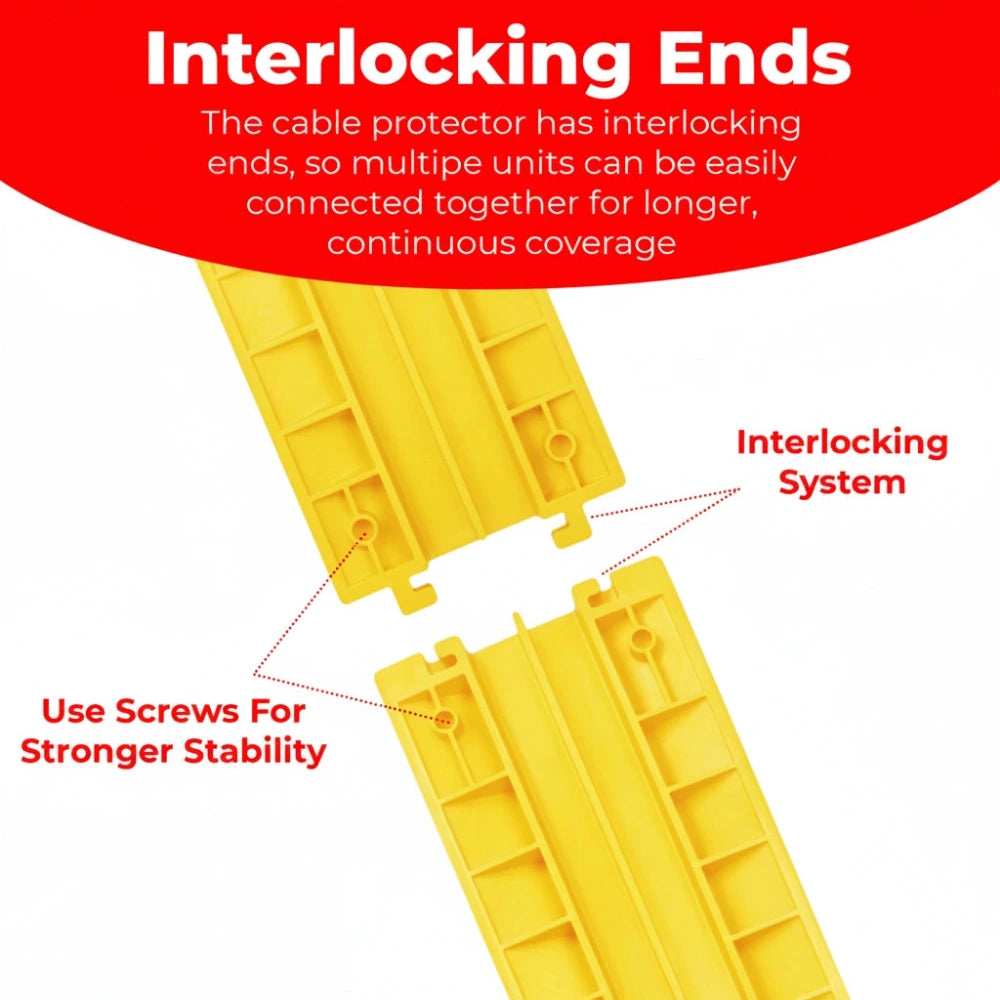 Yellow cable protector with interlocking ends and text explaining