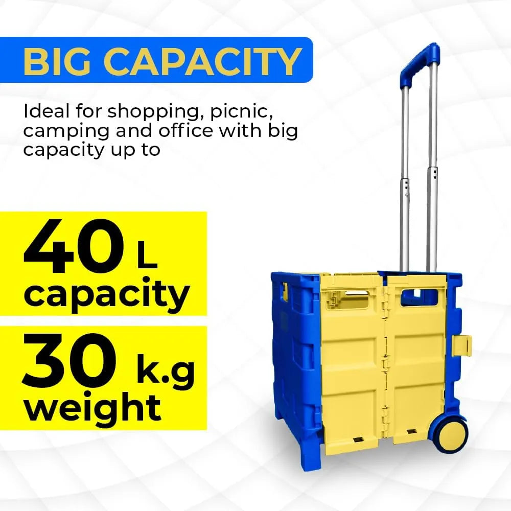 Berry 40KG Foldable Shopping Trolley, Plastic Trolley Cart with 2 Wheels and Lid, Portable Cart, Blue and Yellow