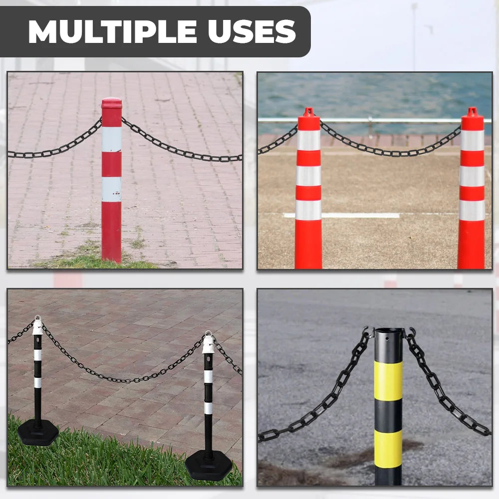 Red and white striped posts with black chain on various ground surfaces, labeled 'Multiple Uses'.
