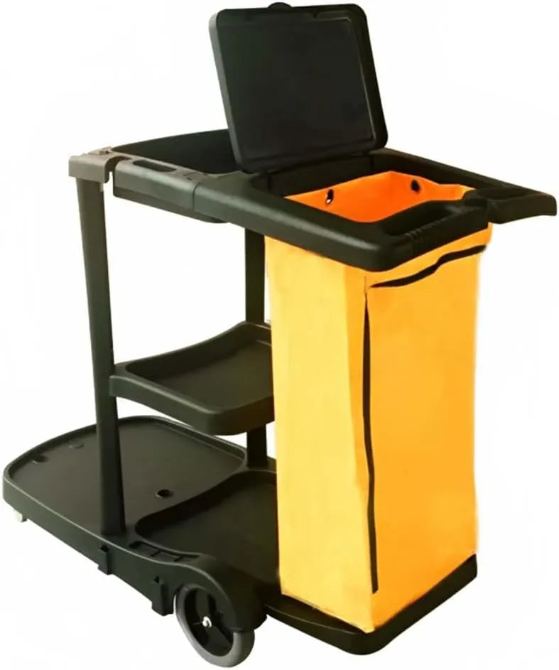 A black cleaning trolley with orange trash cover holder and smooth-rolling wheels, equipped with shelves and a top cover.