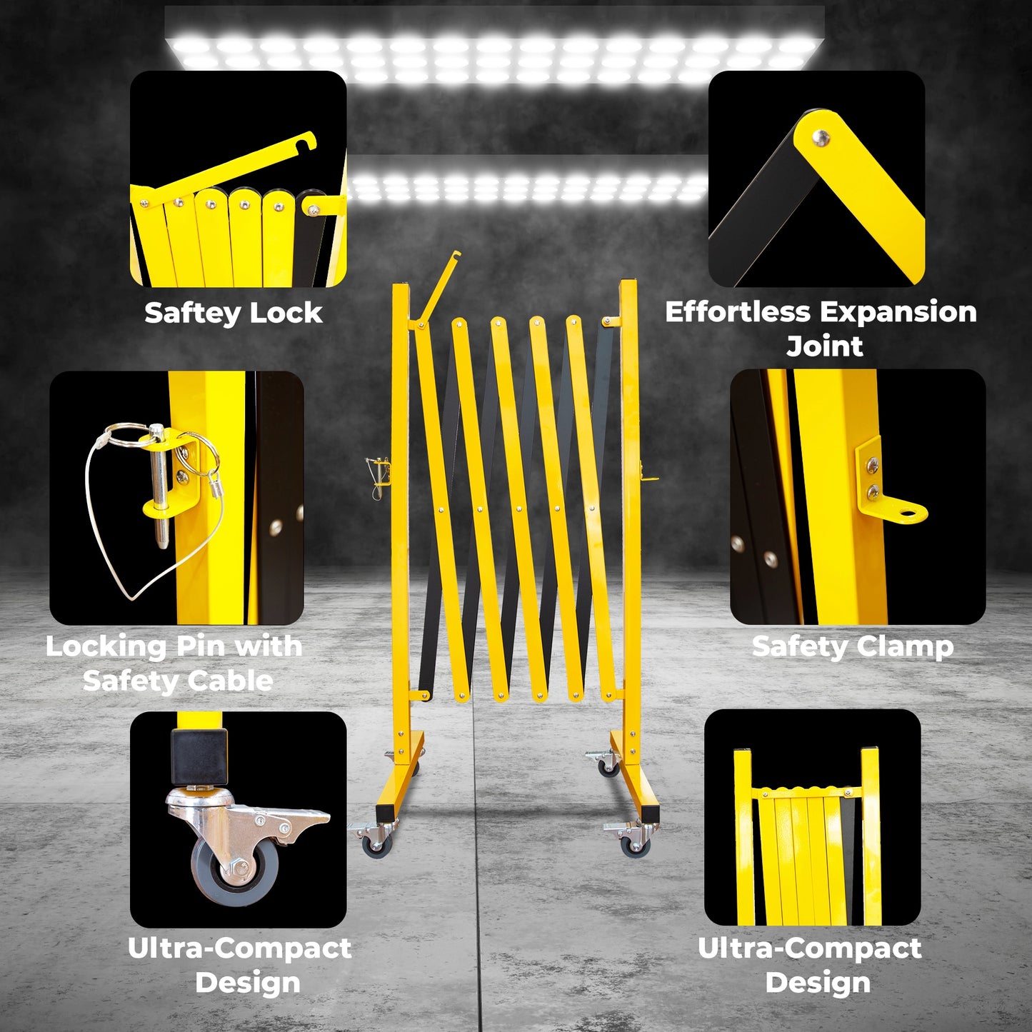 Yellow safety barrier with labeled features
