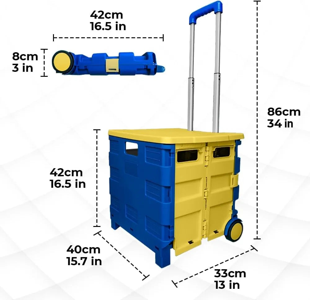 Berry 40KG Foldable Shopping Trolley, Plastic Trolley Cart with 2 Wheels and Lid, Portable Cart, Blue and Yellow