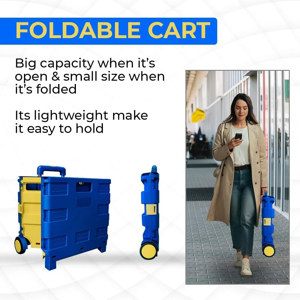 Berry 40KG Foldable Shopping Trolley, Plastic Trolley Cart with 2 Wheels and Lid, Portable Cart, Blue and Yellow