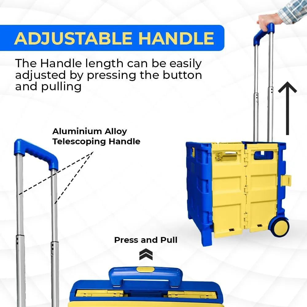 Berry 40KG Foldable Shopping Trolley, Plastic Trolley Cart with 2 Wheels and Lid, Portable Cart, Blue and Yellow