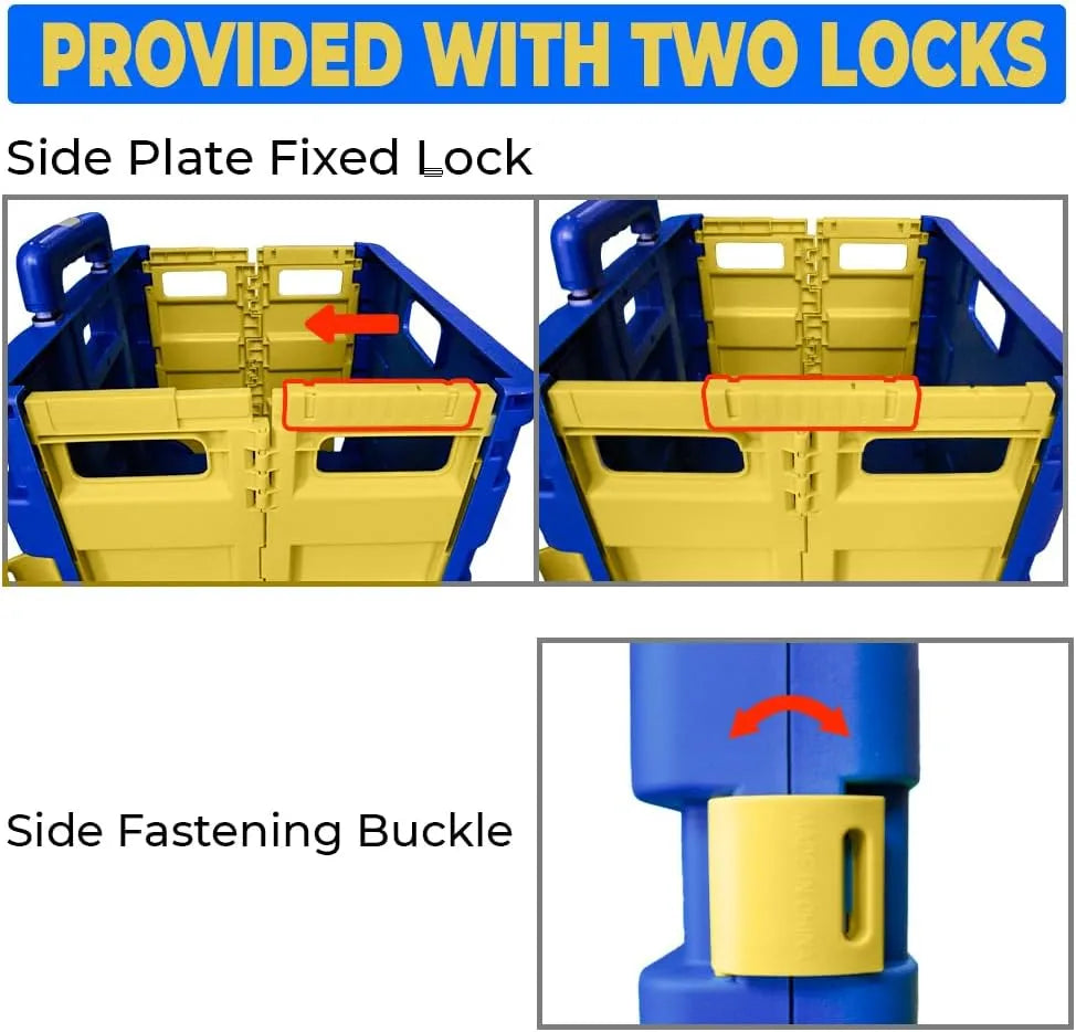 Berry 40KG Foldable Shopping Trolley, Plastic Trolley Cart with 2 Wheels and Lid, Portable Cart, Blue and Yellow