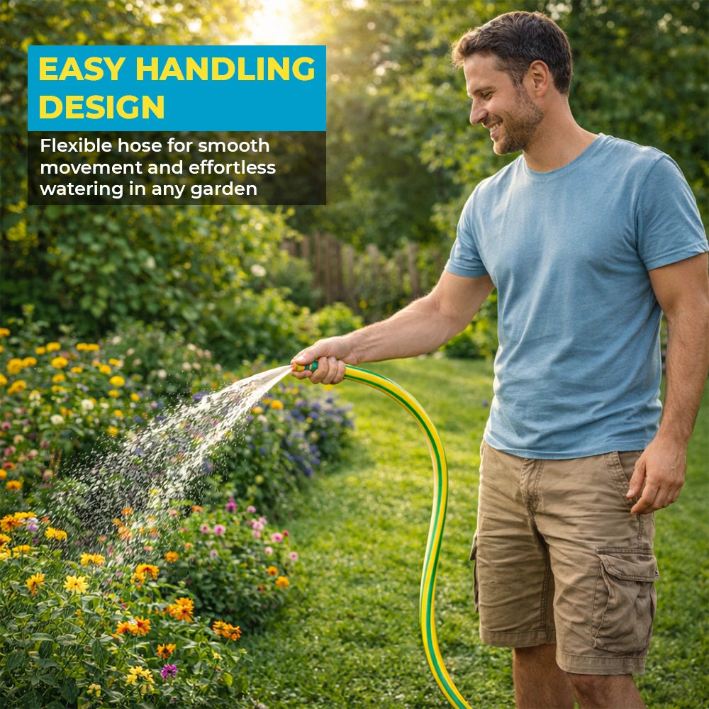 Woman watering plants with a garden hose in a garden setting