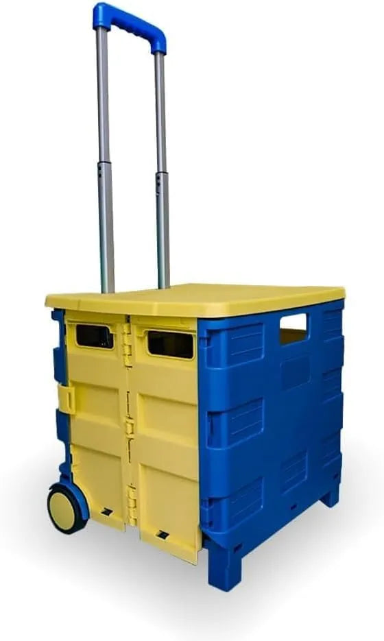 Berry 40KG Foldable Shopping Trolley, Plastic Trolley Cart with 2 Wheels and Lid, Portable Cart, Blue and Yellow