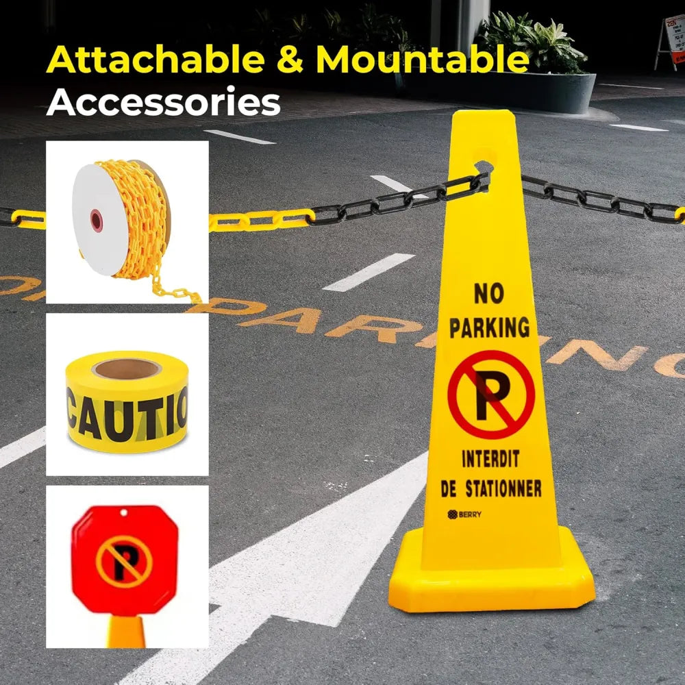 Yellow traffic cone with 'No Parking' with accessories