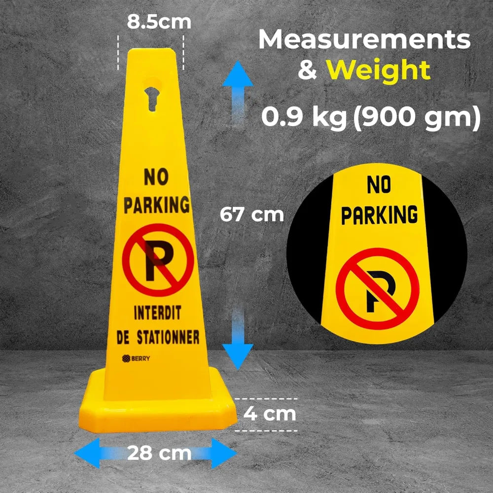 Yellow no parking cone with measurements and weight