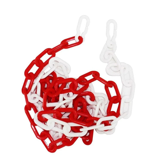 red and white plastic barrier chain