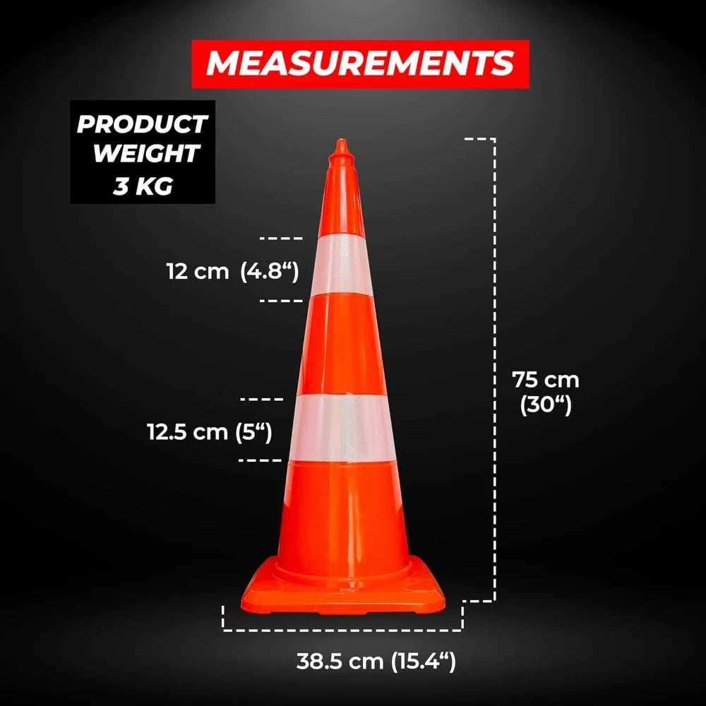 Orange traffic cone with measurements