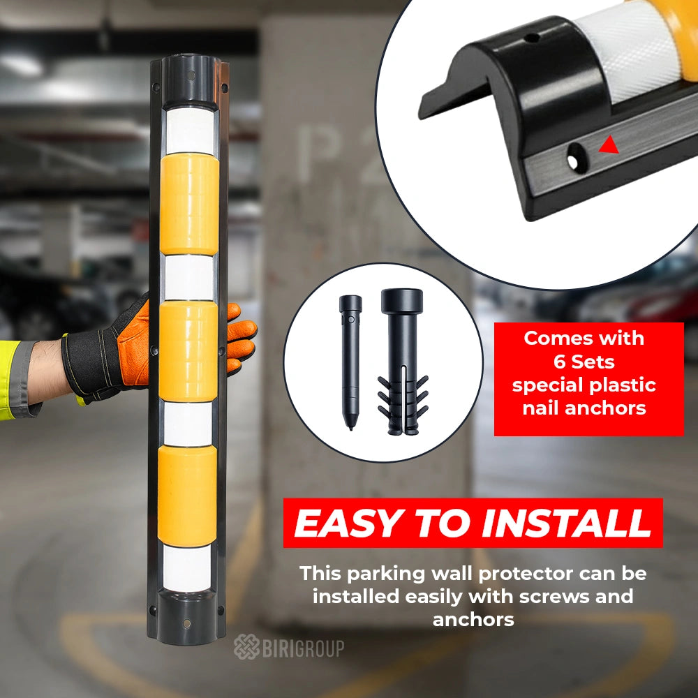 Parking wall protector with installation details and accessories on a blurred background