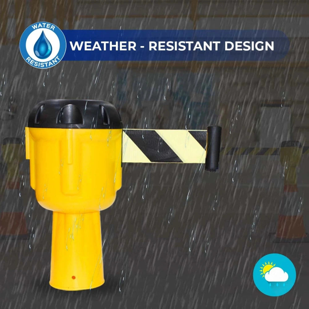 Yellow and black topper tape with water droplets on a gray background, indicating weather resistance.