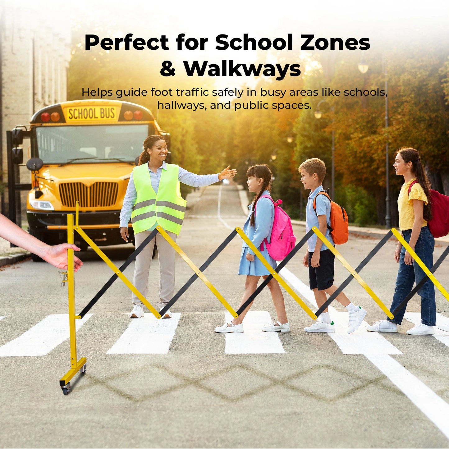 Crossing guard with students and a school bus, emphasizing safety in school zones and walkways.