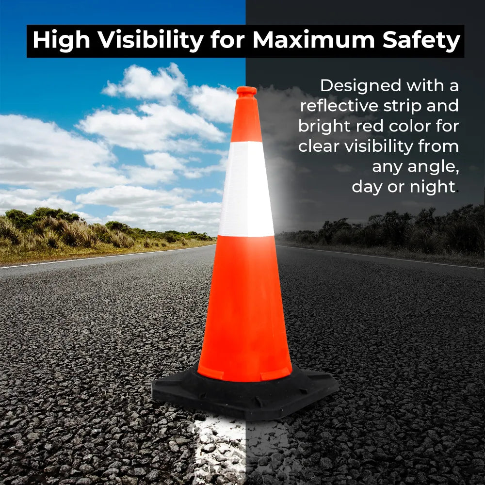 High visibility orange traffic cone on a road