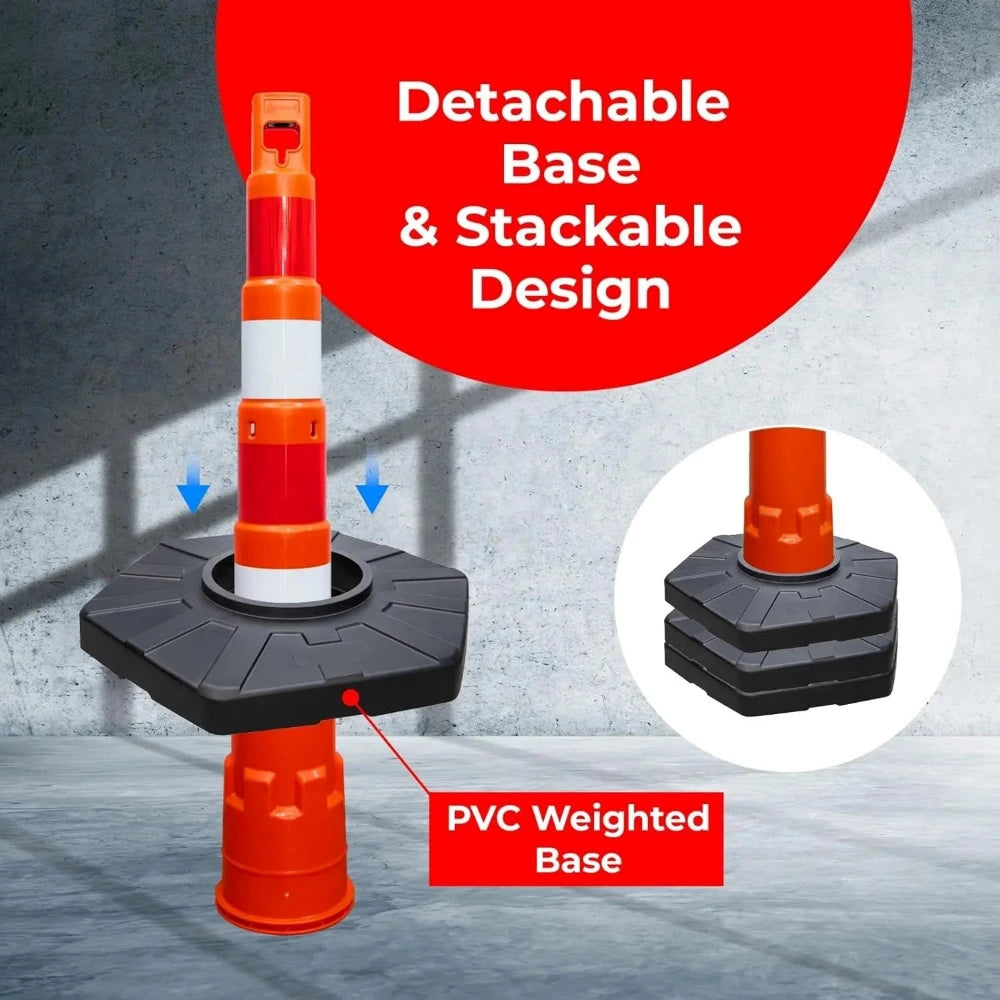 Detachable base and stackable design of a traffic post with PVC weighted base on a concrete floor.