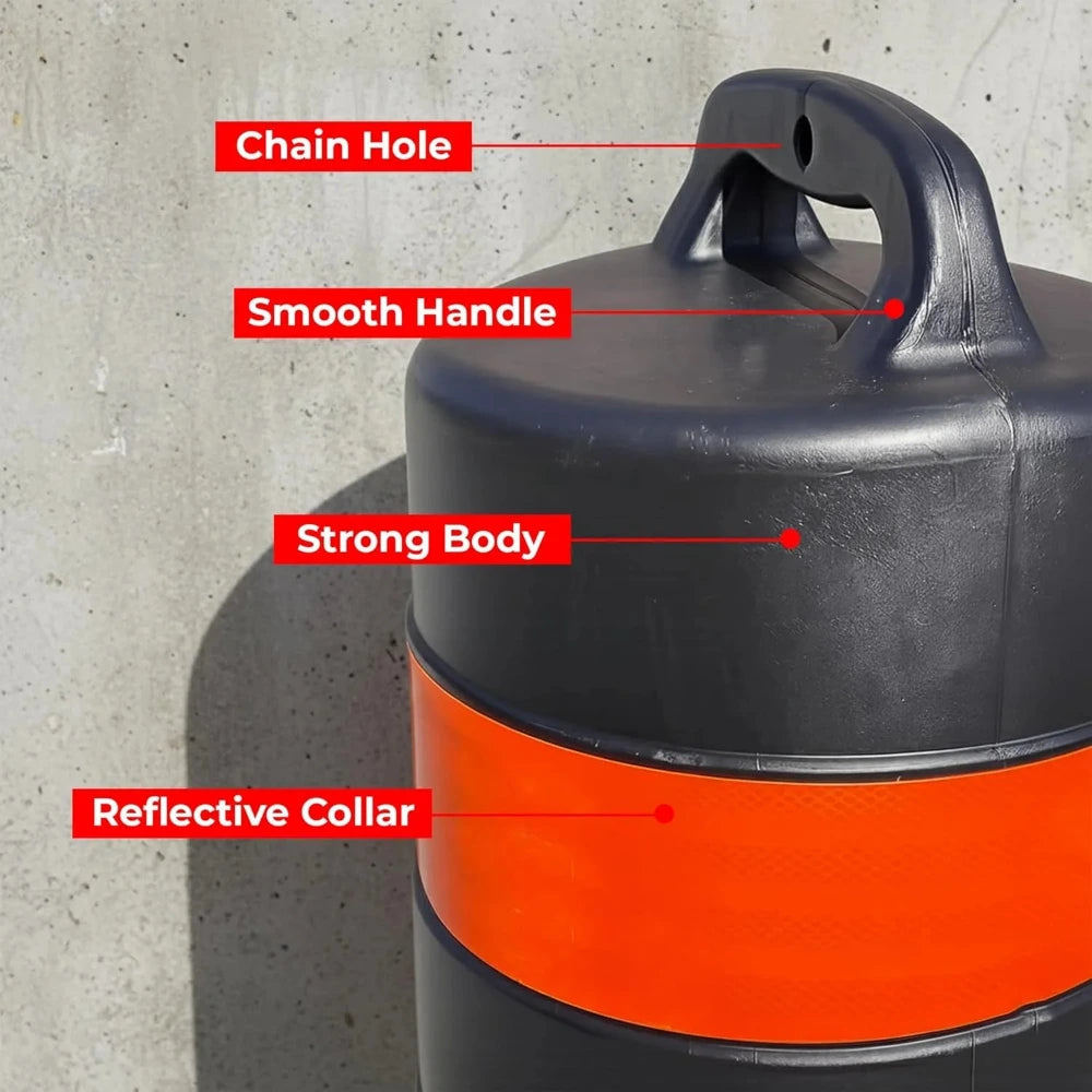 Black and orange barrel object with labeled features on a concrete background
