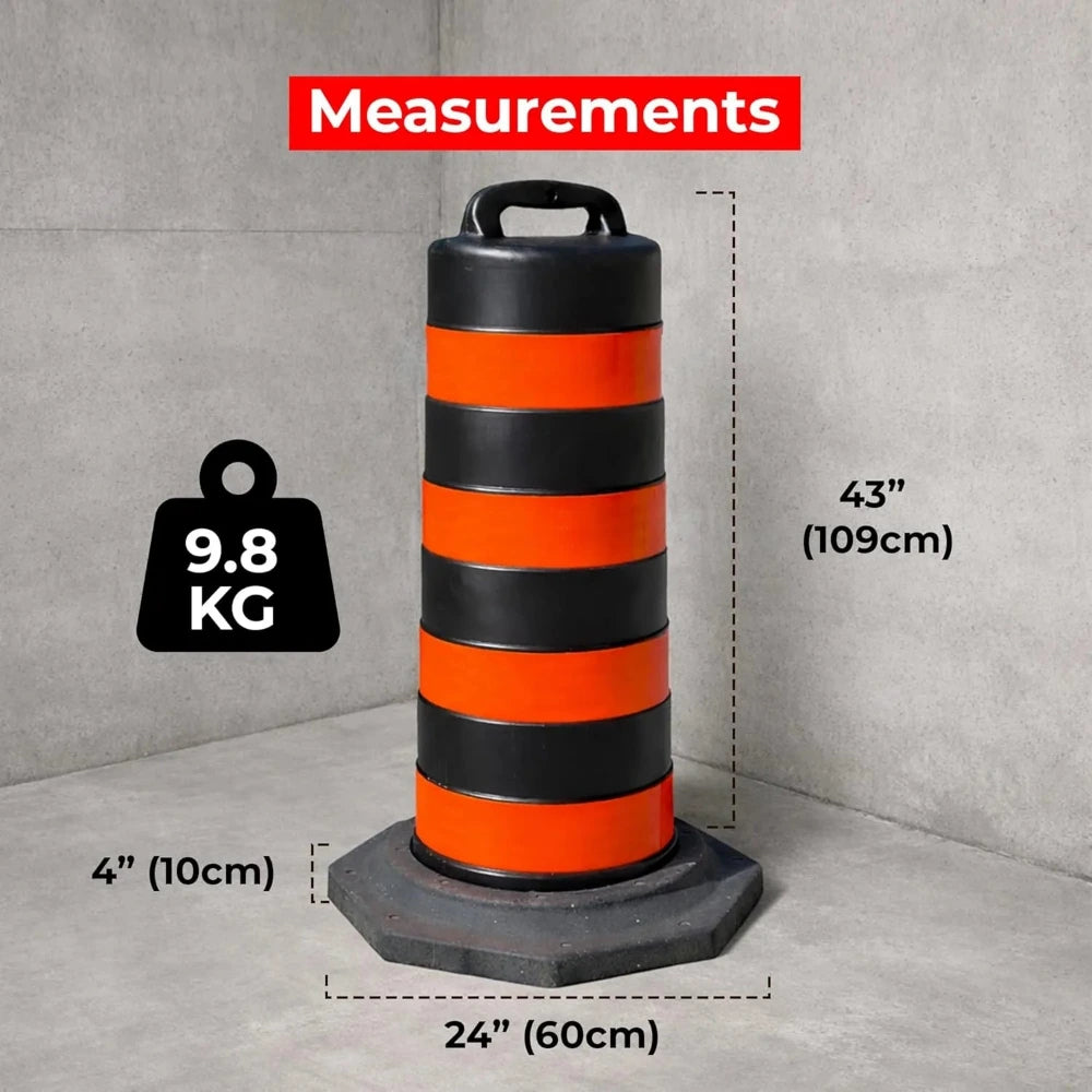Black and orange traffic barrel with measurement