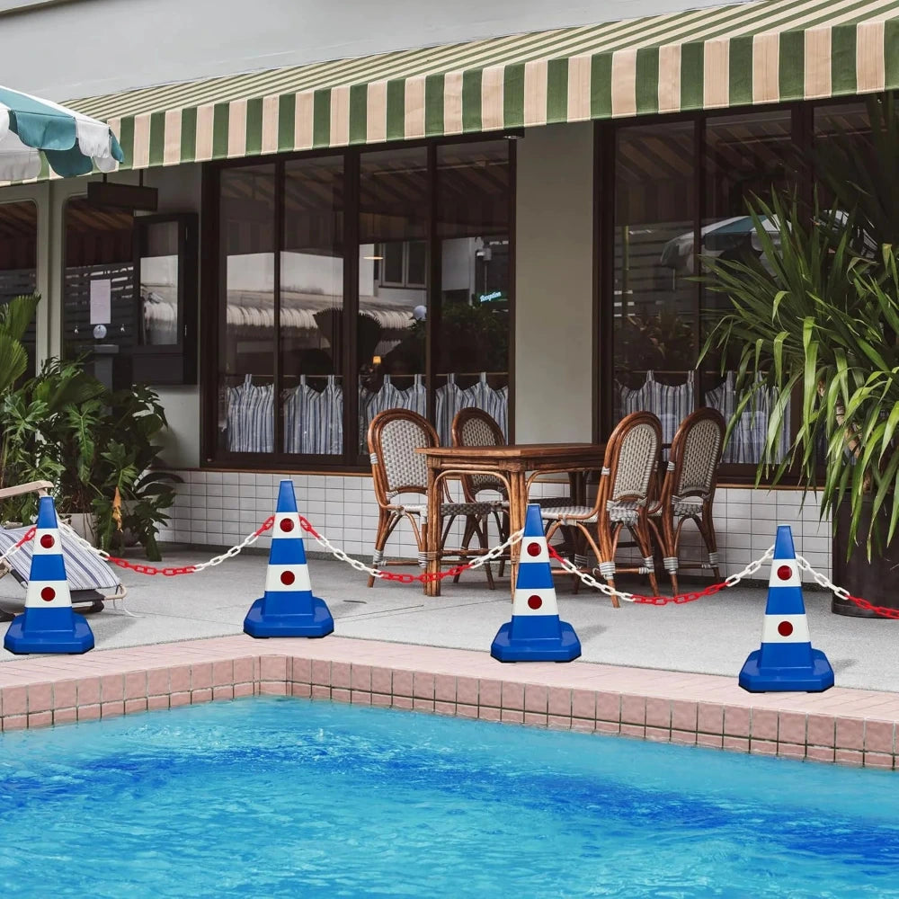 Blue traffic cones with red and white stripes
