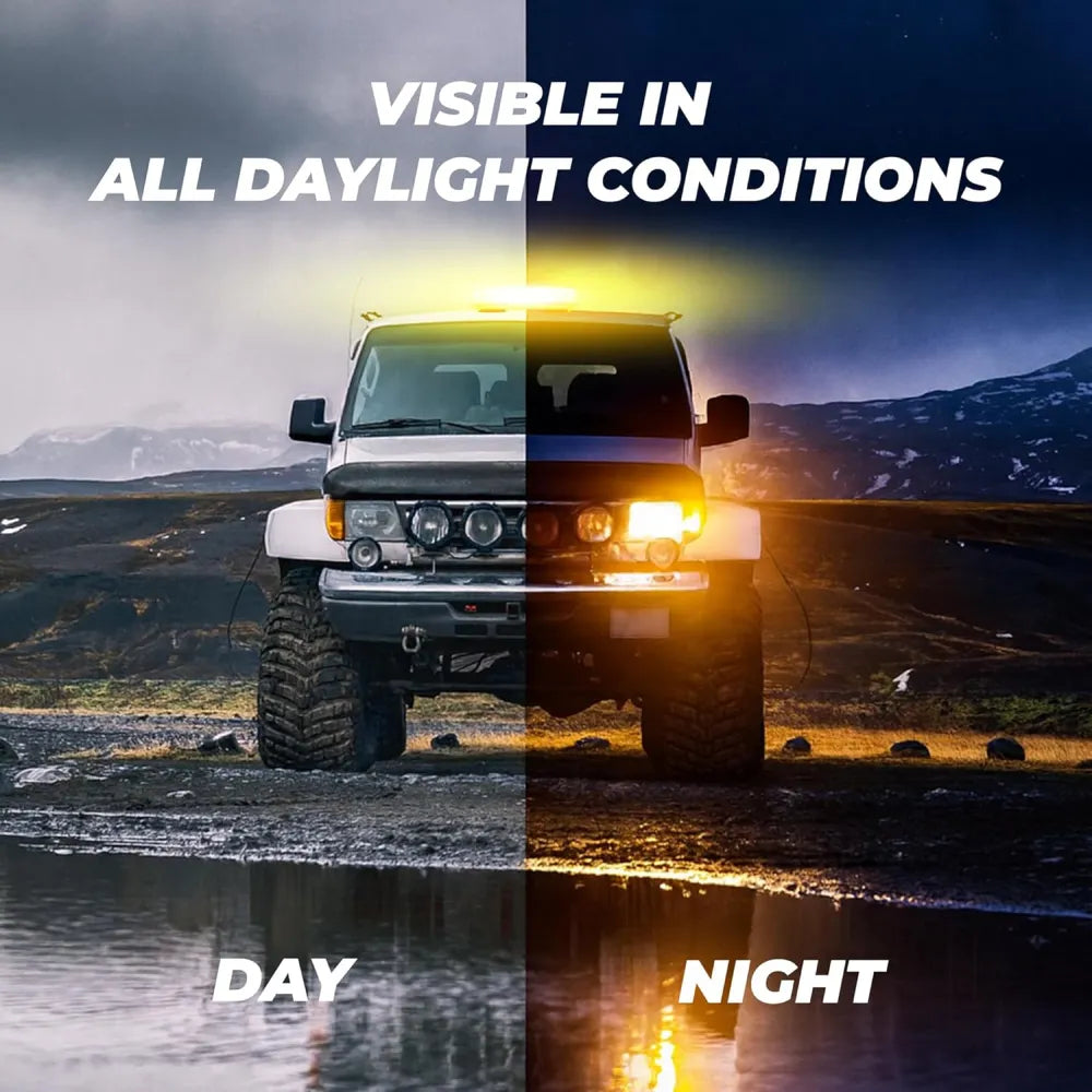 Off-road vehicle with lights on a mountain road