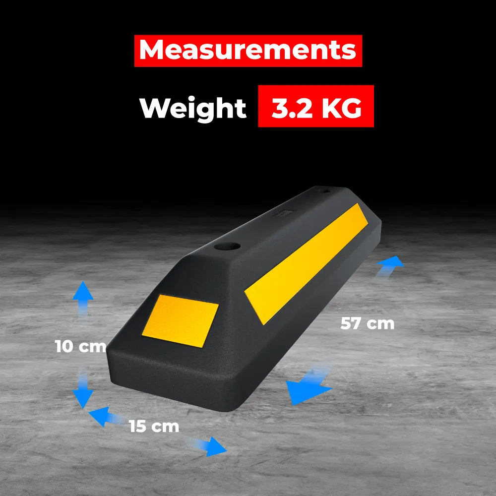 Black and yellow traffic barrier with measurements and weight