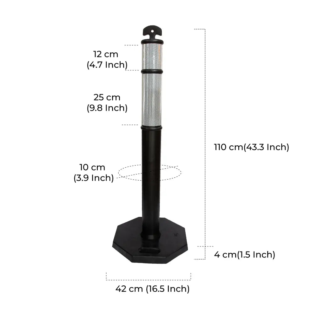 Black delineator post with measurements
