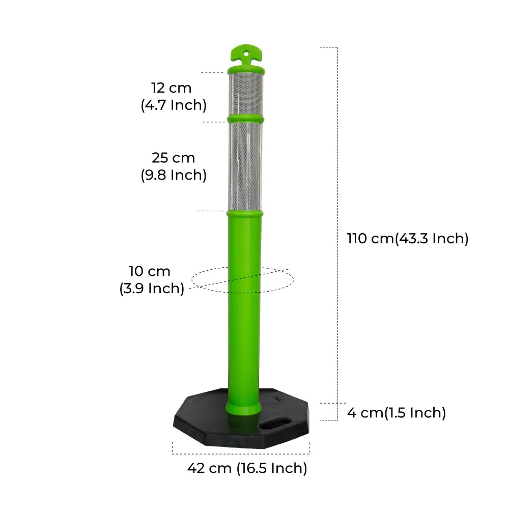 Green bollard with measurements