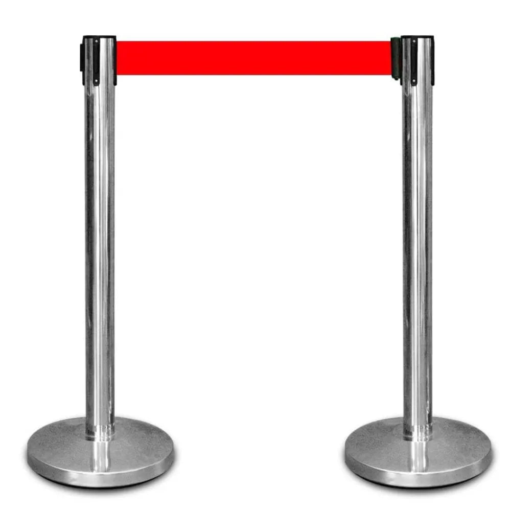 Two retractable belt stanchions with a red belt, stainless steel posts, and a four-way connection system.