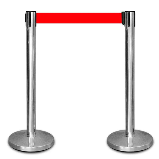 Two retractable belt stanchions with a red belt, stainless steel posts, and a four-way connection system.