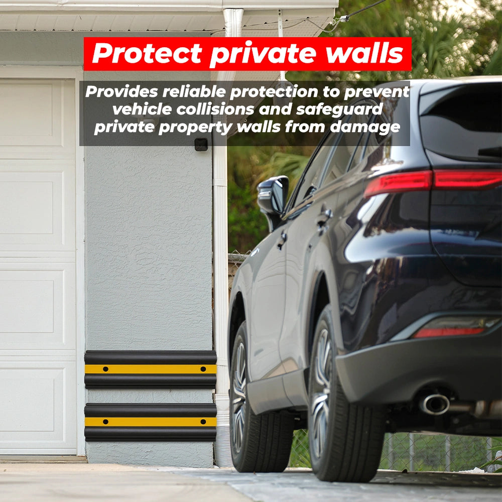 Car parked in front of a garage with protective wall striping