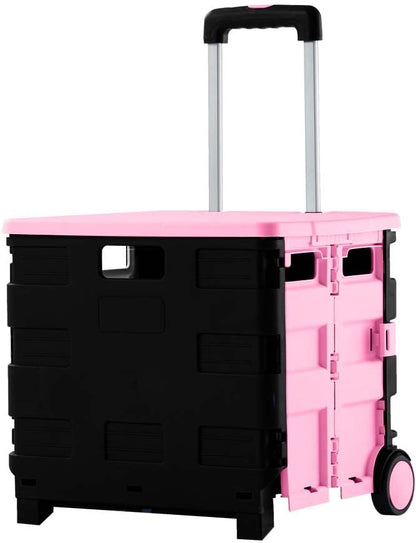 88lbs Foldable Shopping Trolley - Pink and Grey│40 KG Plastic Trolley Cart with 2 Wheels