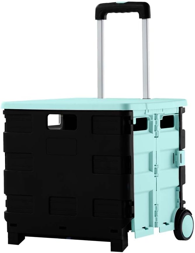 88lbs Foldable Shopping Trolley - Mint Green and Grey│40KG Plastic Trolley Cart with 2 Wheels