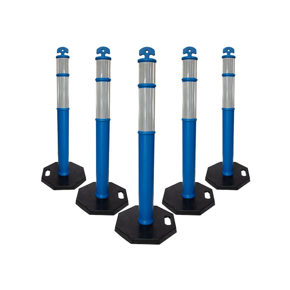 A set of five blue reflective road delineators with white reflective stripes and a black weighted base.