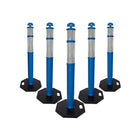 A set of five blue reflective road delineators with white reflective stripes and a black weighted base.