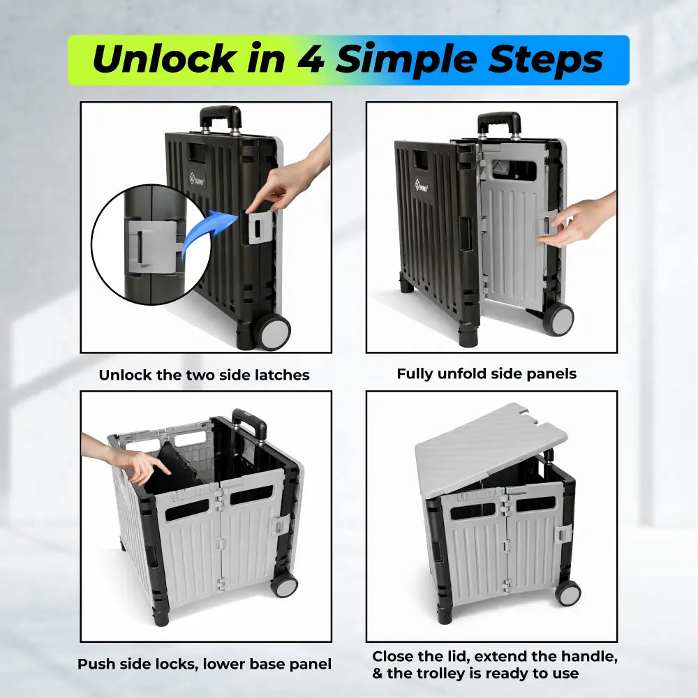 Step-by-step guide on how to unlock and use a portable workbench trolley.
