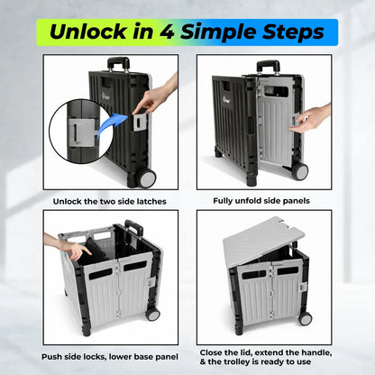 Step-by-step guide on how to unlock and use a portable workbench trolley.