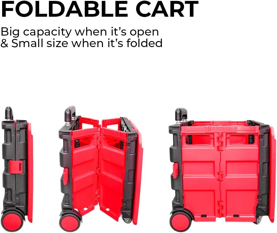 88lbs Foldable Utility Cart - Red and Black │40KG Multipurpose Shopping Trolley with 4 Wheels