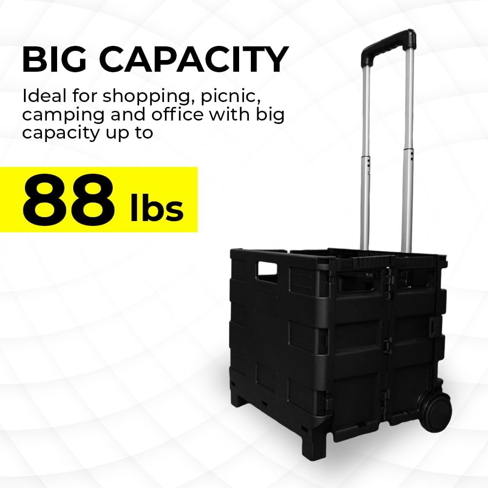 88lbs Foldable Shopping Trolley - Black │40 KG Plastic Trolley Cart with 2 Wheels