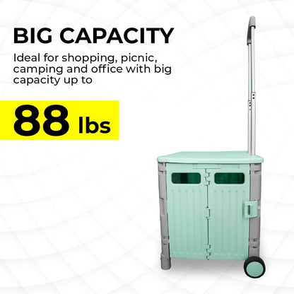 50L Foldable Utility Cart - Mint Green and Grey│40KG Collapsible Basket with 2 Wheels