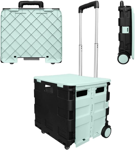 88lbs Foldable Utility Cart - Mint Green and Black│40KG Multipurpose Shopping Trolley with 4 Wheels