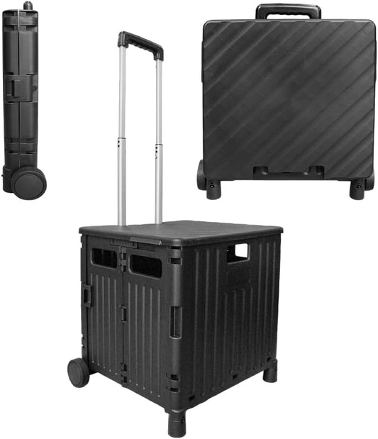 50L Foldable Utility Cart - Black│40KG Collapsible Basket with 2 Wheels