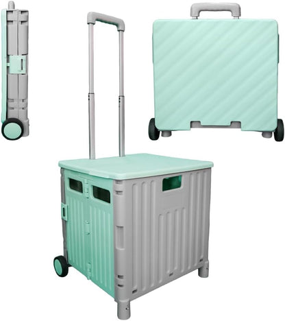 50L Foldable Utility Cart - Mint Green and Grey│40KG Collapsible Basket with 2 Wheels