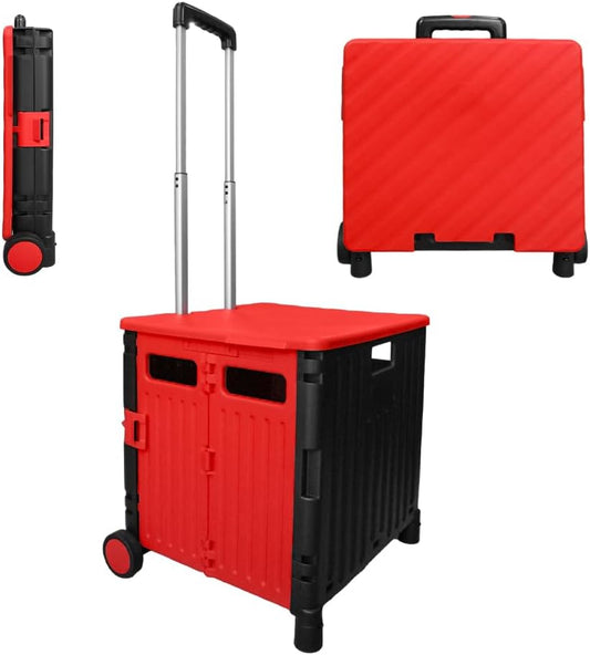 50L Foldable Utility Cart - Red and Black│40KG Collapsible Basket with 2 Wheels