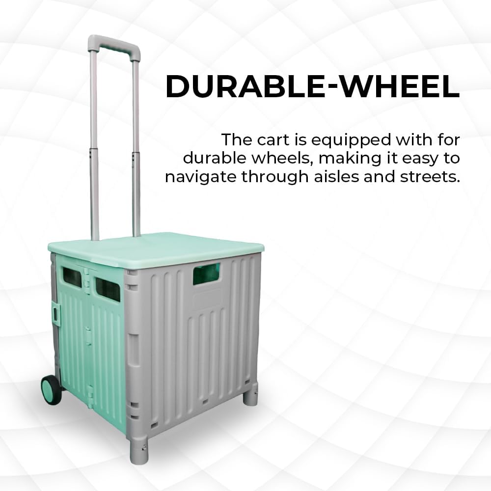 50L Foldable Utility Cart - Mint Green and Grey│40KG Collapsible Basket with 2 Wheels